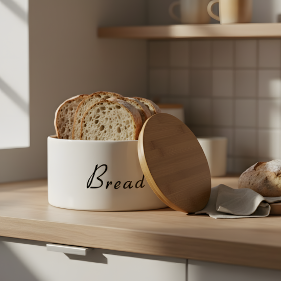 Porcelain Bread Container & Wooden Lid